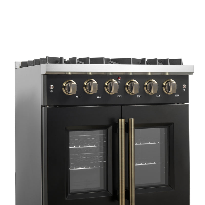 Load image into Gallery viewer, Forno Galiano 30-inch French Door Gas Range Black and Antique Brass Design, 5 Sealed Burners 68,000 BTU,  4.32 cu.ft. Convection Oven
