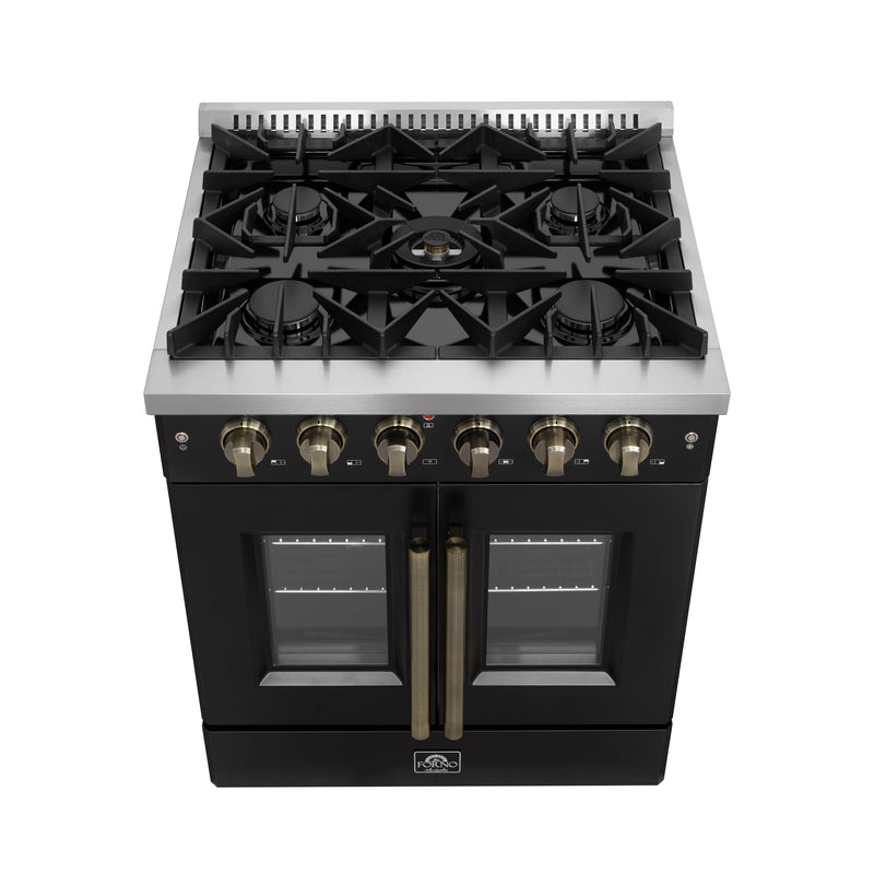 Load image into Gallery viewer, Forno Galiano 30-inch French Door Gas Range Black and Antique Brass Design, 5 Sealed Burners 68,000 BTU,  4.32 cu.ft. Convection Oven
