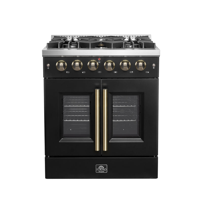 Load image into Gallery viewer, Forno Galiano 30-inch French Door Gas Range Black and Antique Brass Design, 5 Sealed Burners 68,000 BTU,  4.32 cu.ft. Convection Oven
