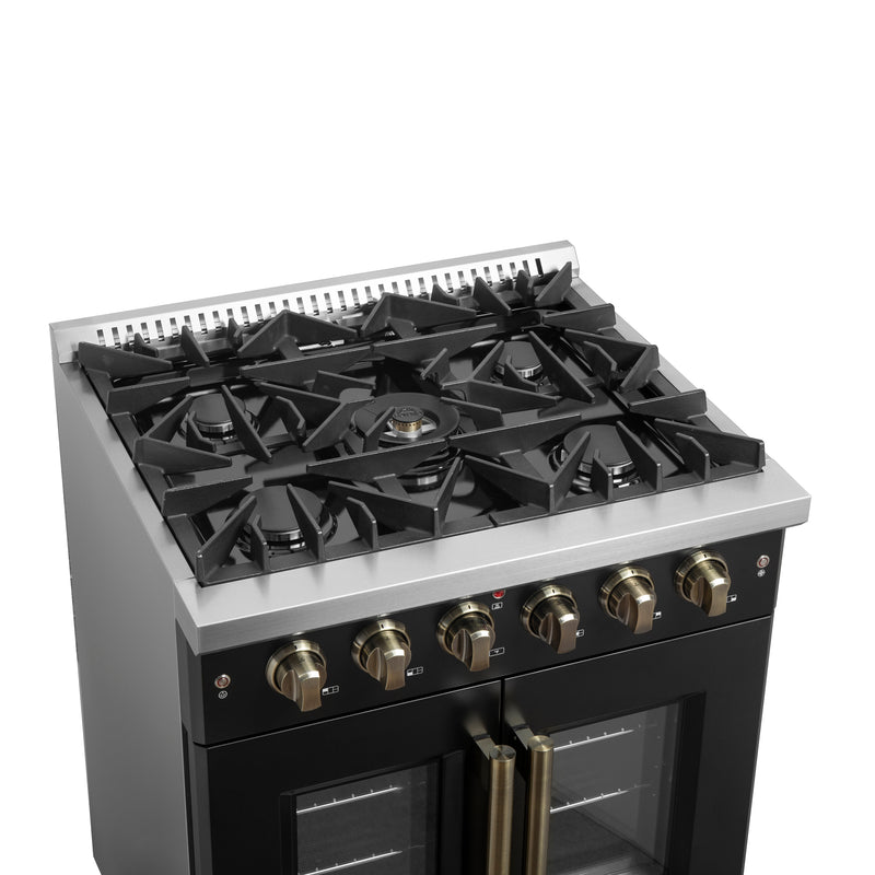 Load image into Gallery viewer, Forno Galiano 30-inch French Door Gas Range Black and Antique Brass Design, 5 Sealed Burners 68,000 BTU,  4.32 cu.ft. Convection Oven
