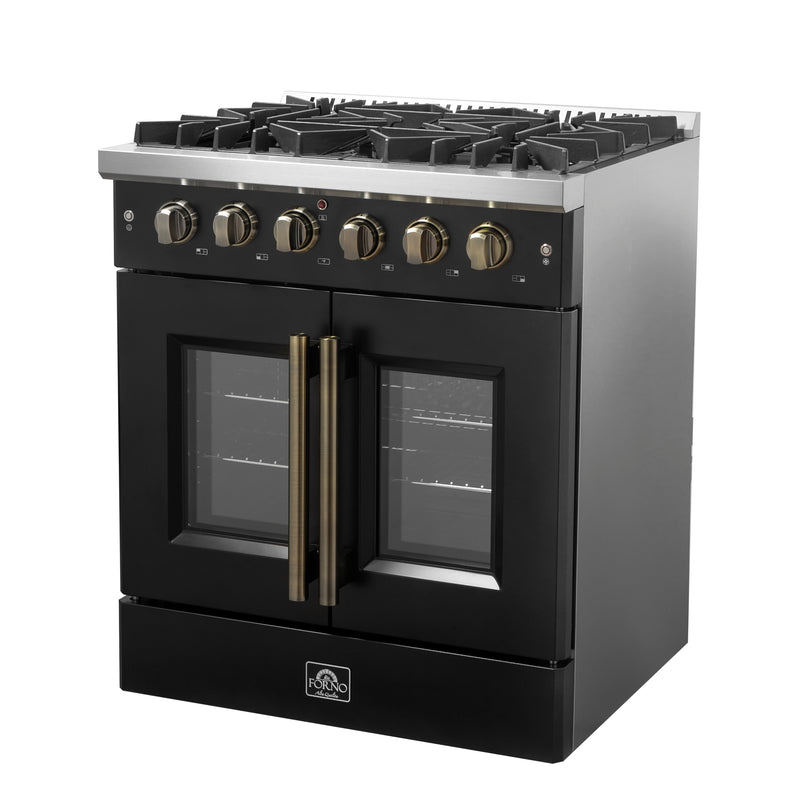 Load image into Gallery viewer, Forno Galiano 30-inch French Door Gas Range Black and Antique Brass Design, 5 Sealed Burners 68,000 BTU,  4.32 cu.ft. Convection Oven

