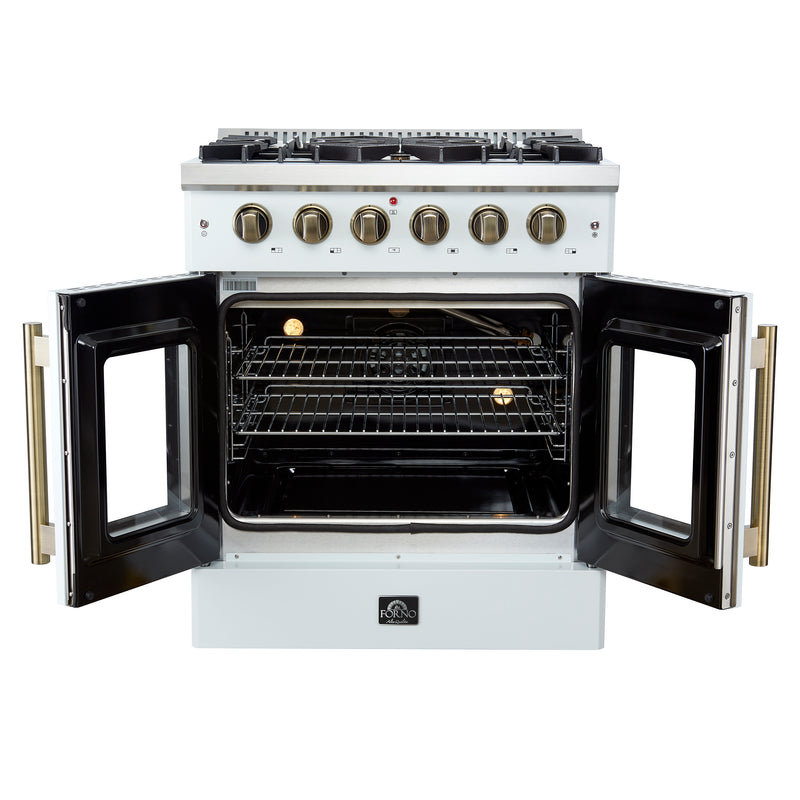Load image into Gallery viewer, Forno Galiano 30-inch French Door Gas Range
White with Antique Brass Design, 5 Burners,
68,000 BTU, 4.32 cu.ft. Convection Oven
