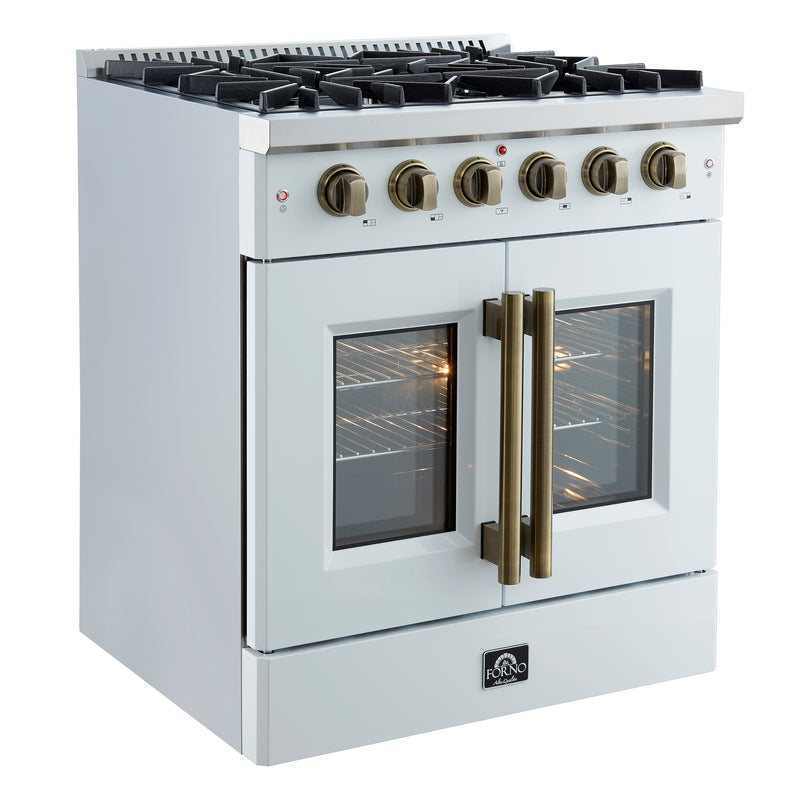 Load image into Gallery viewer, Forno Galiano 30-inch French Door Gas Range
White with Antique Brass Design, 5 Burners,
68,000 BTU, 4.32 cu.ft. Convection Oven
