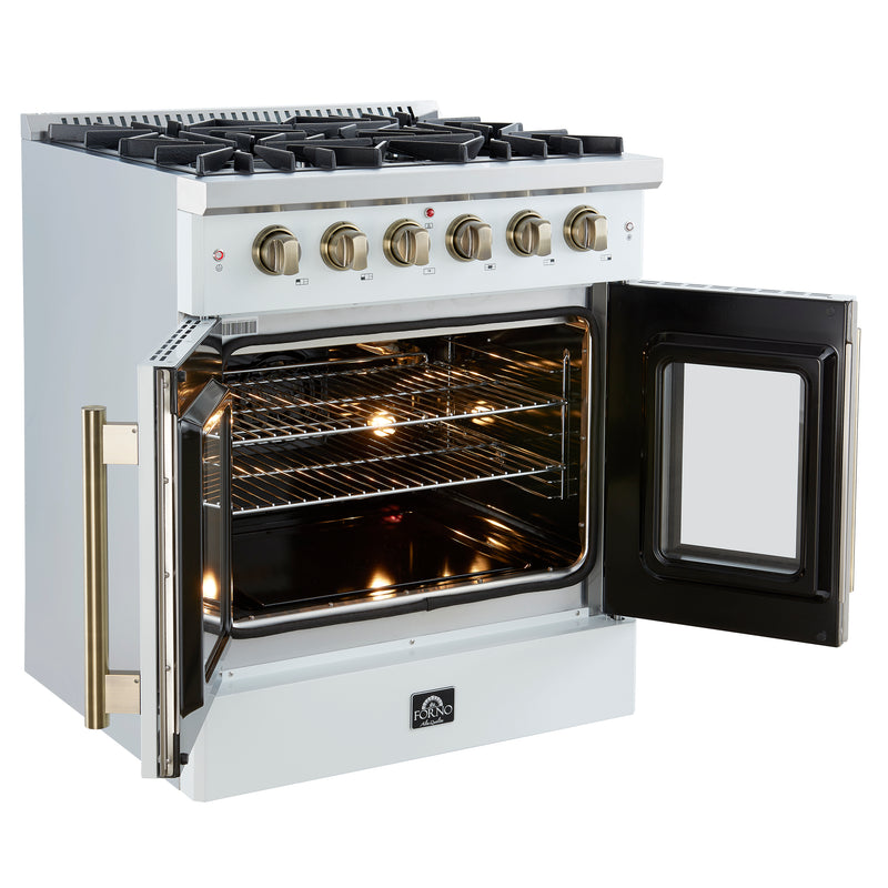 Load image into Gallery viewer, Forno Galiano 30-inch French Door Gas Range
White with Antique Brass Design, 5 Burners,
68,000 BTU, 4.32 cu.ft. Convection Oven
