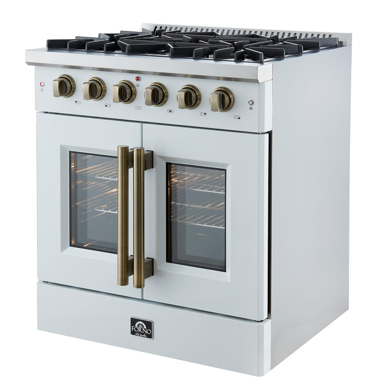 Load image into Gallery viewer, Forno Galiano 30-inch French Door Gas Range
White with Antique Brass Design, 5 Burners,
68,000 BTU, 4.32 cu.ft. Convection Oven
