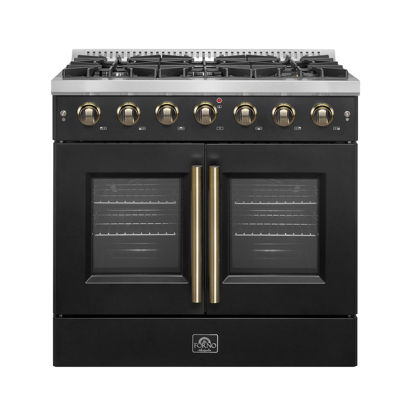 Load image into Gallery viewer, Forno Galiano 36-inch French Door Gas Range Black and Antique Brass Design, 6 Sealed Burners 83,000 BTU, 5.36 cu.ft. Convection Oven
