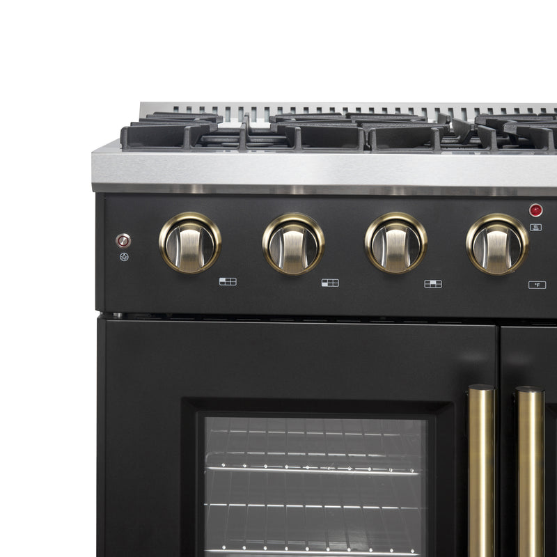 Load image into Gallery viewer, Forno Galiano 36-inch French Door Gas Range Black and Antique Brass Design, 6 Sealed Burners 83,000 BTU, 5.36 cu.ft. Convection Oven
