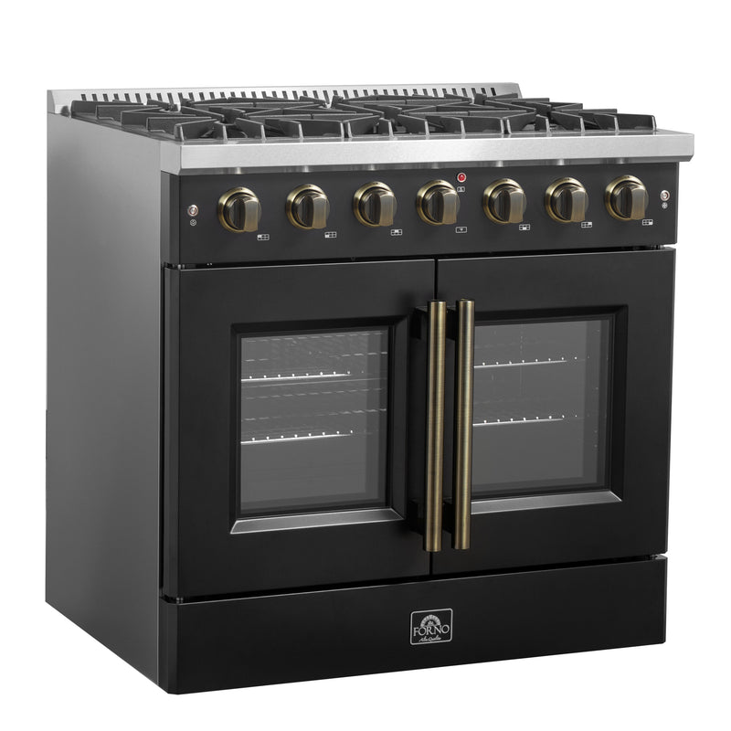 Load image into Gallery viewer, Forno Galiano 36-inch French Door Gas Range Black and Antique Brass Design, 6 Sealed Burners 83,000 BTU, 5.36 cu.ft. Convection Oven
