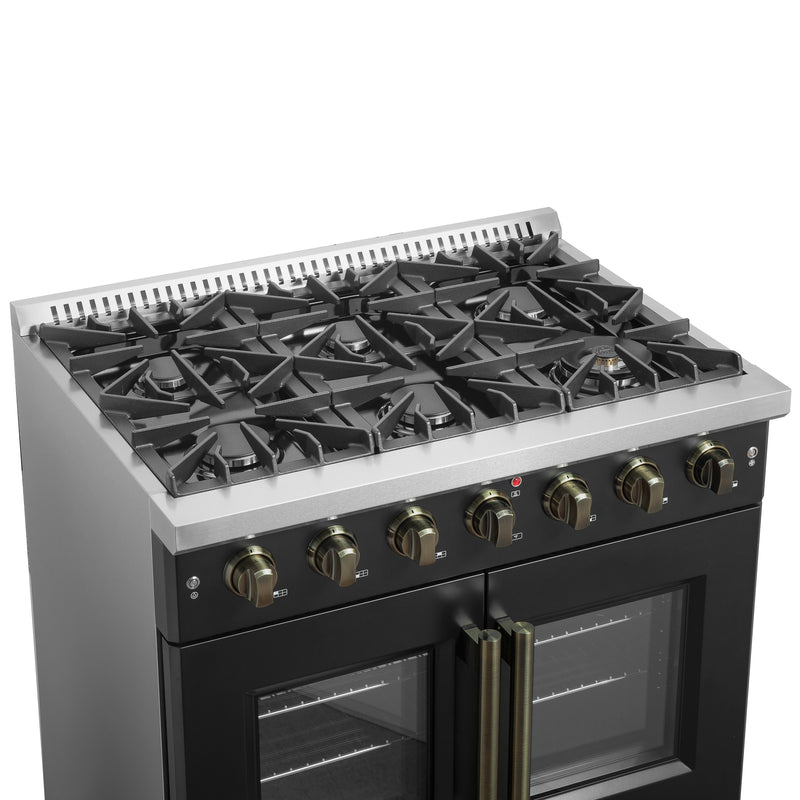 Load image into Gallery viewer, Forno Galiano 36-inch French Door Gas Range Black and Antique Brass Design, 6 Sealed Burners 83,000 BTU, 5.36 cu.ft. Convection Oven
