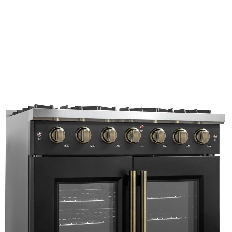 Load image into Gallery viewer, Forno Galiano 36-inch French Door Gas Range Black and Antique Brass Design, 6 Sealed Burners 83,000 BTU, 5.36 cu.ft. Convection Oven
