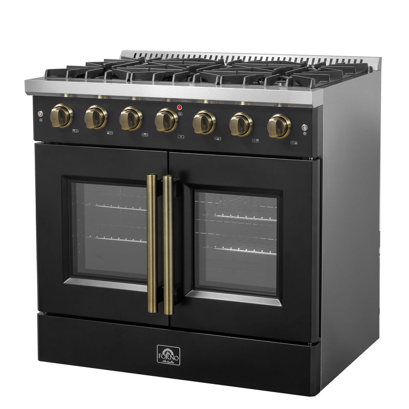 Load image into Gallery viewer, Forno Galiano 36-inch French Door Gas Range Black and Antique Brass Design, 6 Sealed Burners 83,000 BTU, 5.36 cu.ft. Convection Oven
