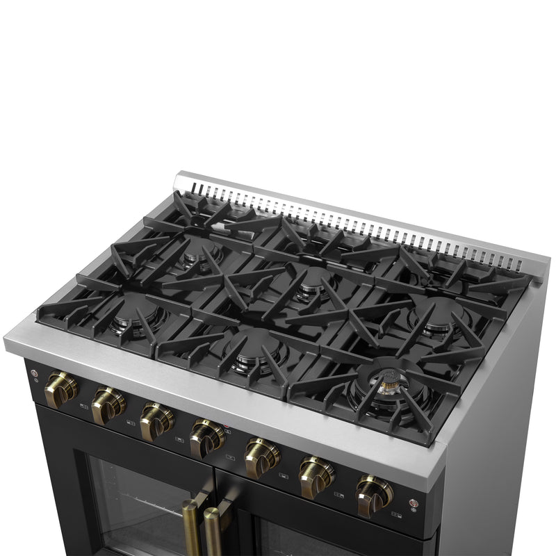 Load image into Gallery viewer, Forno Galiano 36-inch French Door Gas Range Black and Antique Brass Design, 6 Sealed Burners 83,000 BTU, 5.36 cu.ft. Convection Oven
