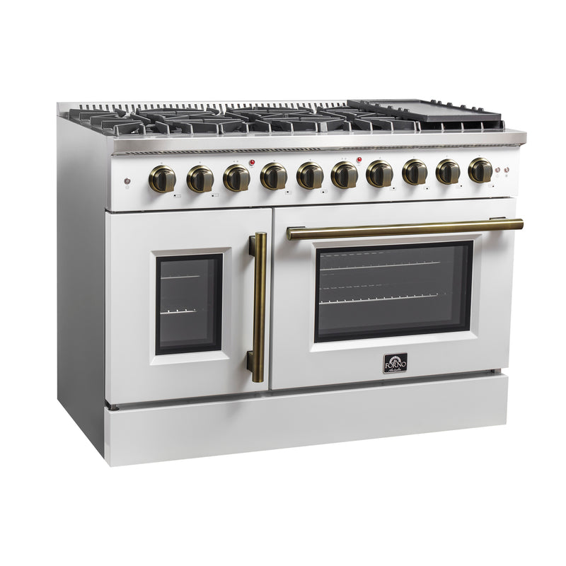 Load image into Gallery viewer, Forno Galiano 48-Inch Freestanding French Door Gas Range, White &amp; Antique Brass
