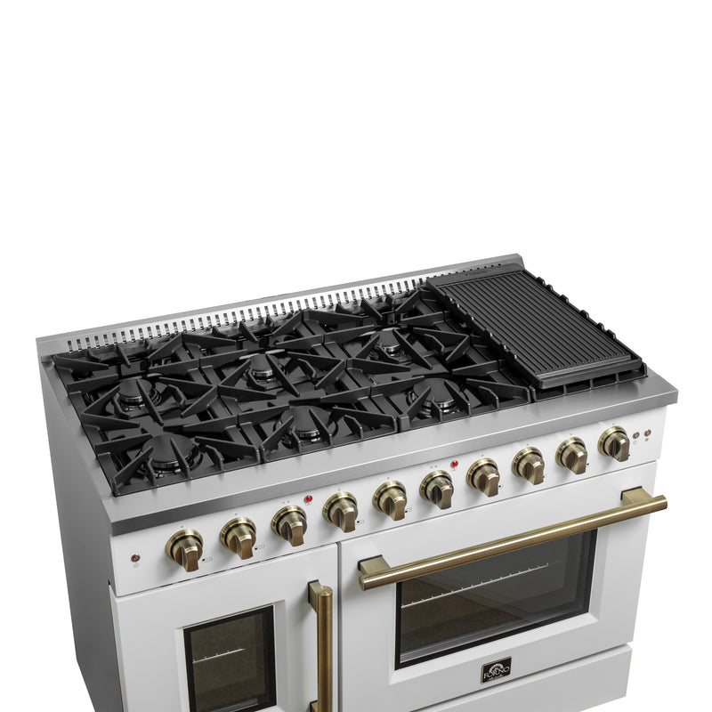 Load image into Gallery viewer, Forno Galiano 48-Inch Freestanding French Door Gas Range, White &amp; Antique Brass
