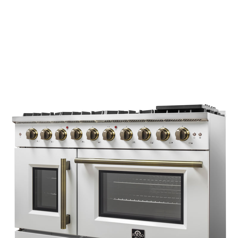 Load image into Gallery viewer, Forno Galiano 48-Inch Freestanding French Door Gas Range, White &amp; Antique Brass
