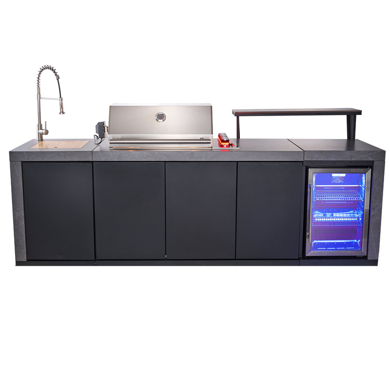Load image into Gallery viewer, Forno Rimini Outdoor Kitchen 30&quot; BBQ 62,600 BTU, 3 Burners with Sear &amp; Rotisserie, 2.4 cu.ft. Beverage Center, Stainless Steel Sink, Black Cabinets &amp; Gray Sintered Stone Countertop
