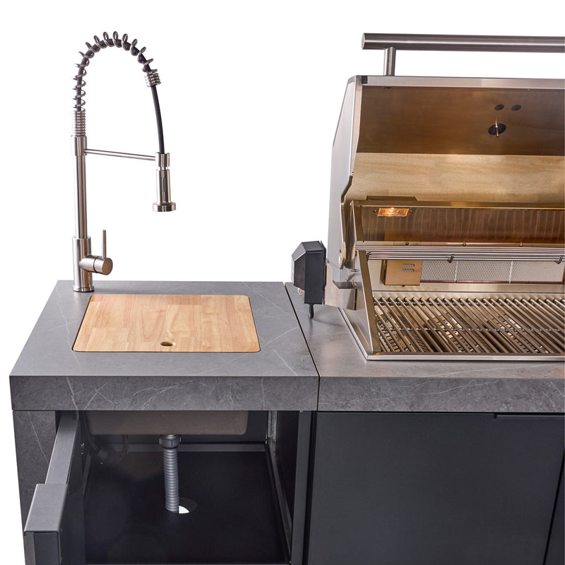 Load image into Gallery viewer, Forno Rimini Outdoor Kitchen 30&quot; BBQ 62,600 BTU, 3 Burners with Sear &amp; Rotisserie, 2.4 cu.ft. Beverage Center, Stainless Steel Sink, Black Cabinets &amp; Gray Sintered Stone Countertop
