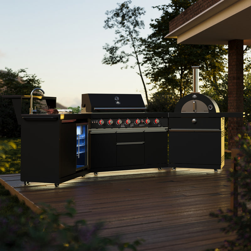 Load image into Gallery viewer, Forno All’Aperto 87,600 BTU Outdoor Kitchen, 4 Burners, Infrared Burners, Side Burner, Black Sintered Stone Countertops, Gas Pizza Oven, Sink Module, Bar &amp; Beverage Center
