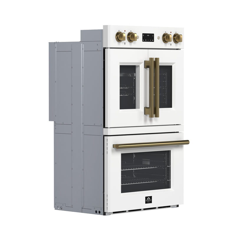 Load image into Gallery viewer, Forno Asti 30-Inch Double Electric Wall Oven with Upper French Doors in White &amp; Antique Brass, 7.36 cu. ft. Dual True Convection, 7,200W, Air Fry, Sous Vide, Self-Clean
