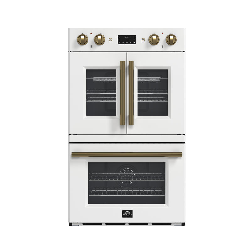 Load image into Gallery viewer, Forno Asti 30-Inch Double Electric Wall Oven with Upper French Doors in White &amp; Antique Brass, 7.36 cu. ft. Dual True Convection, 7,200W, Air Fry, Sous Vide, Self-Clean

