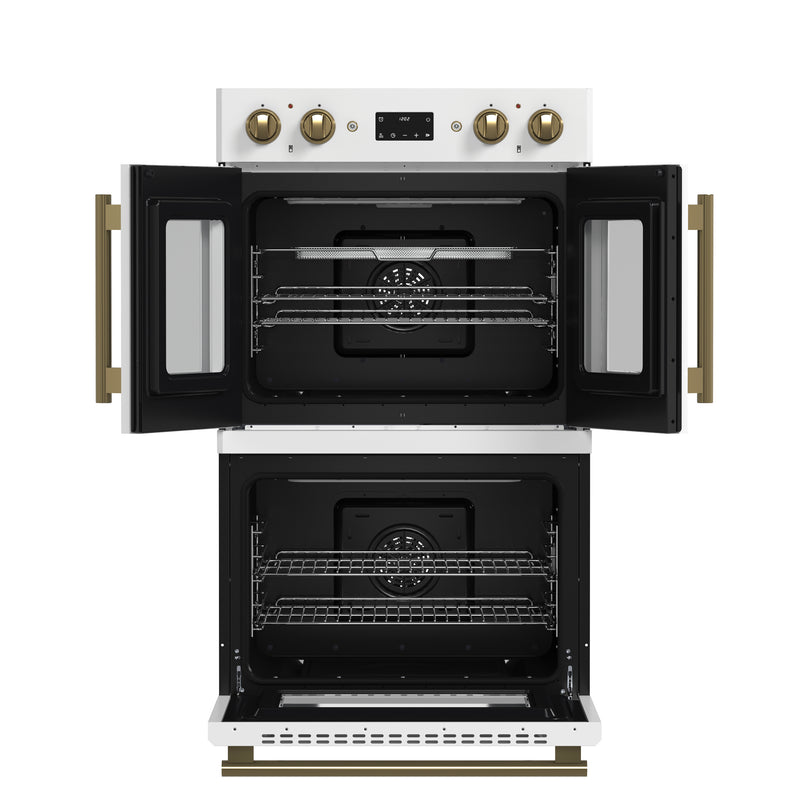 Load image into Gallery viewer, Forno Asti 30-Inch Double Electric Wall Oven with Upper French Doors in White &amp; Antique Brass, 7.36 cu. ft. Dual True Convection, 7,200W, Air Fry, Sous Vide, Self-Clean
