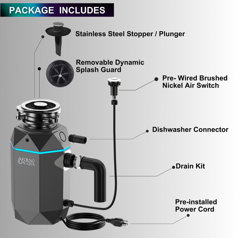 Load image into Gallery viewer, FORNO ACQUA BrightDIAMOND Black Onyx 3/4HP Super Quiet Garbage Disposal Corded with Motion Sensor Cabinet Light &amp; Pre-Wired Air Switch
