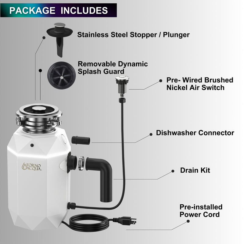 Load image into Gallery viewer, FORNO ACQUA BrightDIAMOND Moonstone 3/4HP Super Quiet Garbage Disposal Corded with Motion Sensor Cabinet Light &amp; Pre-Wired Air Switch
