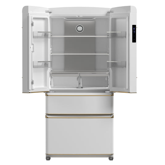 Forno Luigi 33-Inch French Door Refrigerator, 18 cu.ft, White Finish, Antique Brass Handles, ENERGY STAR Certified