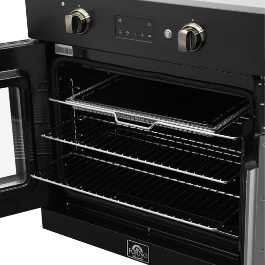 Forno Asti 30-Inch French Door Electric Wall Oven in Black & Antique Brass, 3.68 cu. ft. True Convection, 3,600W, Air Fry, Sous Vide, Self-Clean