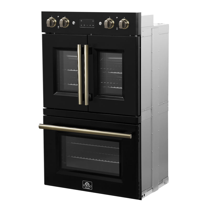 Load image into Gallery viewer, Forno Asti 30-Inch Double Electric Wall Oven with Upper French Doors in Black &amp; Antique Brass, 7.36 cu. ft. Dual True Convection, 7,200W, Air Fry, Sous Vide, Self-Clean
