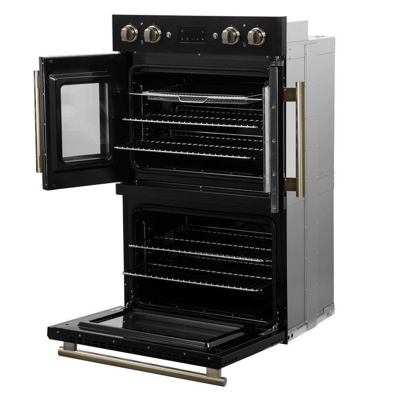 Load image into Gallery viewer, Forno Asti 30-Inch Double Electric Wall Oven with Upper French Doors in Black &amp; Antique Brass, 7.36 cu. ft. Dual True Convection, 7,200W, Air Fry, Sous Vide, Self-Clean
