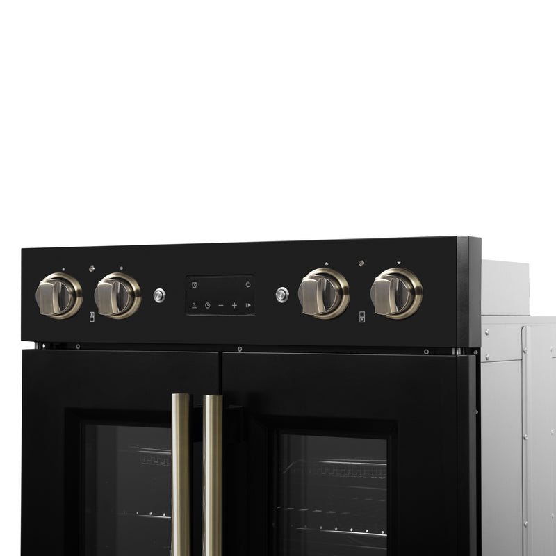 Load image into Gallery viewer, Forno Asti 30-Inch Double Electric Wall Oven with Upper French Doors in Black &amp; Antique Brass, 7.36 cu. ft. Dual True Convection, 7,200W, Air Fry, Sous Vide, Self-Clean

