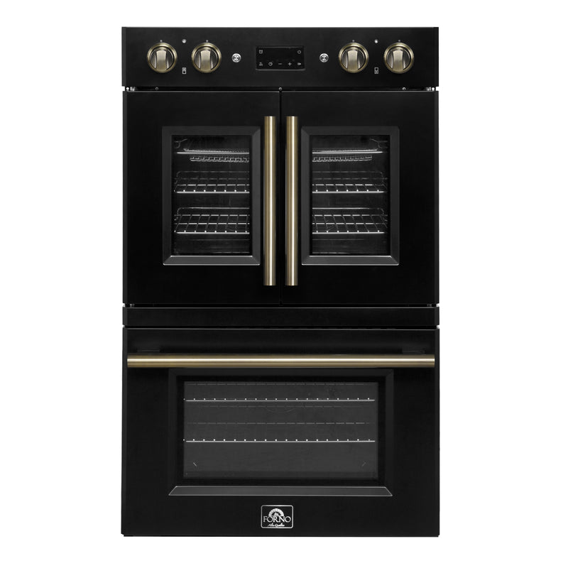 Load image into Gallery viewer, Forno Asti 30-Inch Double Electric Wall Oven with Upper French Doors in Black &amp; Antique Brass, 7.36 cu. ft. Dual True Convection, 7,200W, Air Fry, Sous Vide, Self-Clean
