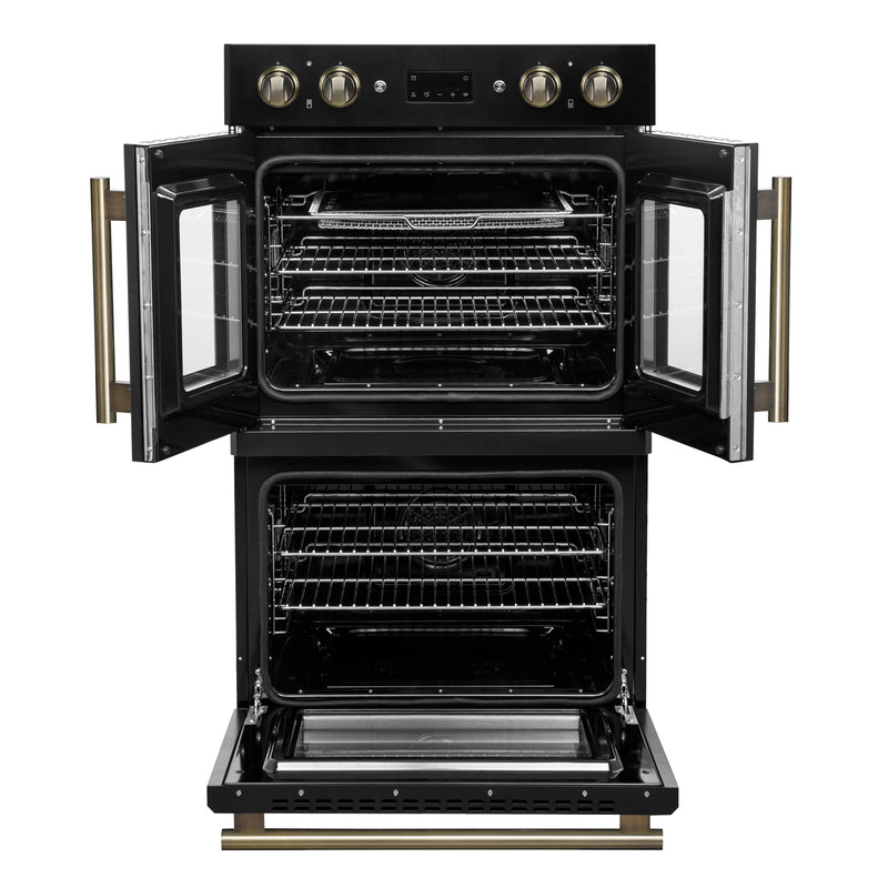 Load image into Gallery viewer, Forno Asti 30-Inch Double Electric Wall Oven with Upper French Doors in Black &amp; Antique Brass, 7.36 cu. ft. Dual True Convection, 7,200W, Air Fry, Sous Vide, Self-Clean
