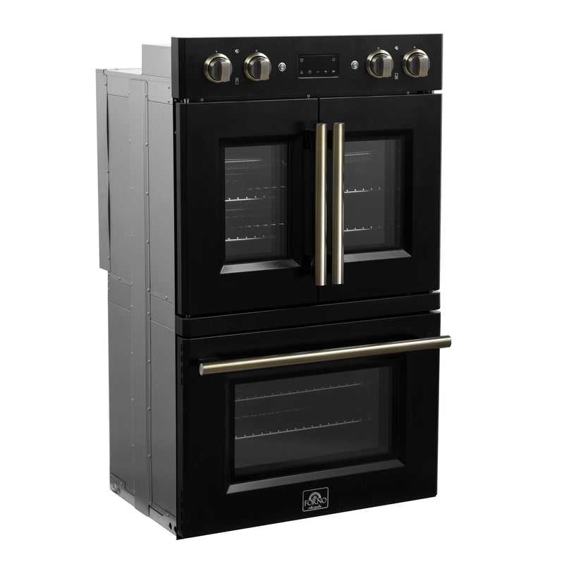 Load image into Gallery viewer, Forno Asti 30-Inch Double Electric Wall Oven with Upper French Doors in Black &amp; Antique Brass, 7.36 cu. ft. Dual True Convection, 7,200W, Air Fry, Sous Vide, Self-Clean
