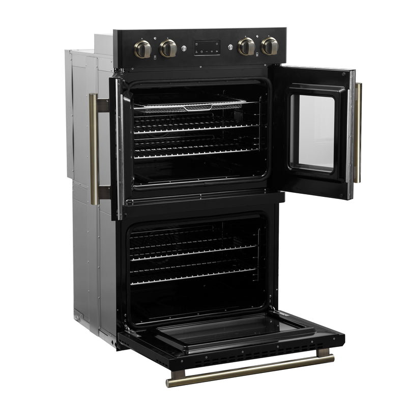 Load image into Gallery viewer, Forno Asti 30-Inch Double Electric Wall Oven with Upper French Doors in Black &amp; Antique Brass, 7.36 cu. ft. Dual True Convection, 7,200W, Air Fry, Sous Vide, Self-Clean

