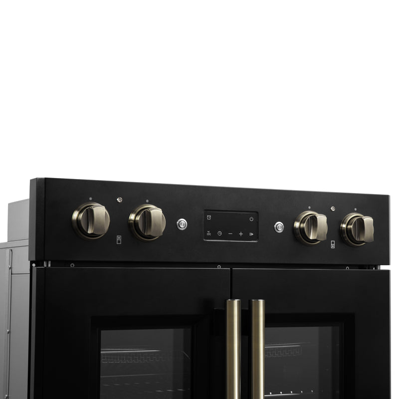 Load image into Gallery viewer, Forno Asti 30-Inch Double Electric Wall Oven with Upper French Doors in Black &amp; Antique Brass, 7.36 cu. ft. Dual True Convection, 7,200W, Air Fry, Sous Vide, Self-Clean

