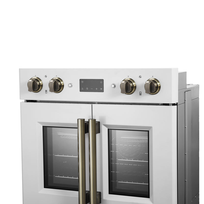 Load image into Gallery viewer, Forno Asti 30-Inch Double Electric Wall Oven with Upper French Doors in White &amp; Antique Brass, 7.36 cu. ft. Dual True Convection, 7,200W, Air Fry, Sous Vide, Self-Clean
