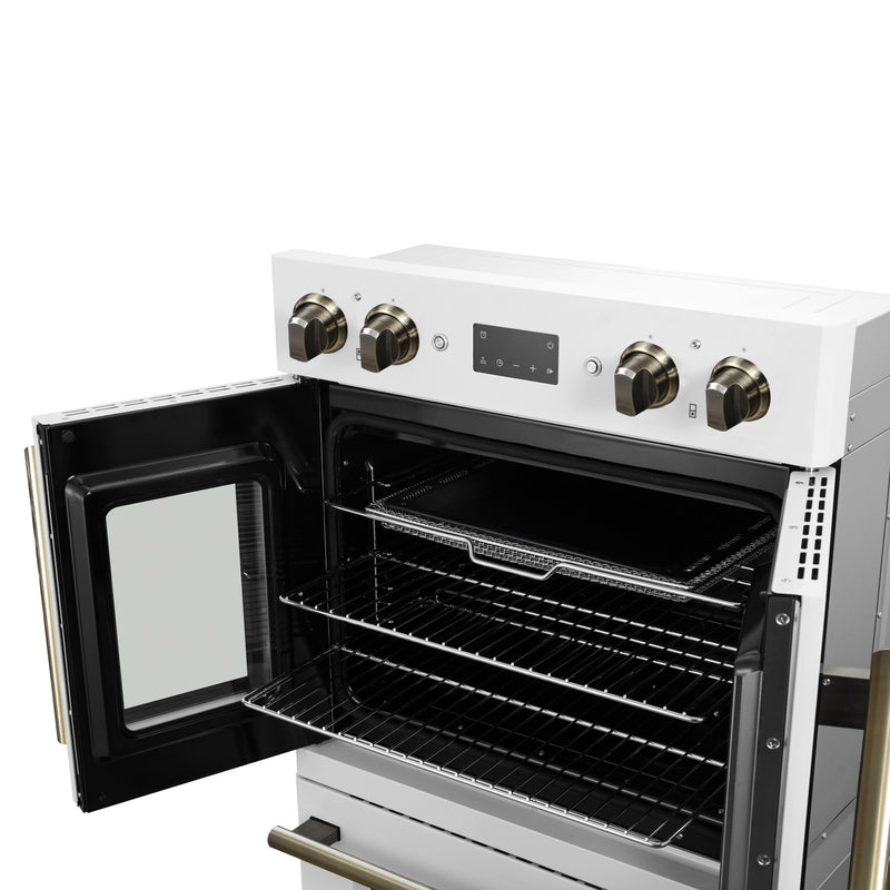 Load image into Gallery viewer, Forno Asti 30-Inch Double Electric Wall Oven with Upper French Doors in White &amp; Antique Brass, 7.36 cu. ft. Dual True Convection, 7,200W, Air Fry, Sous Vide, Self-Clean
